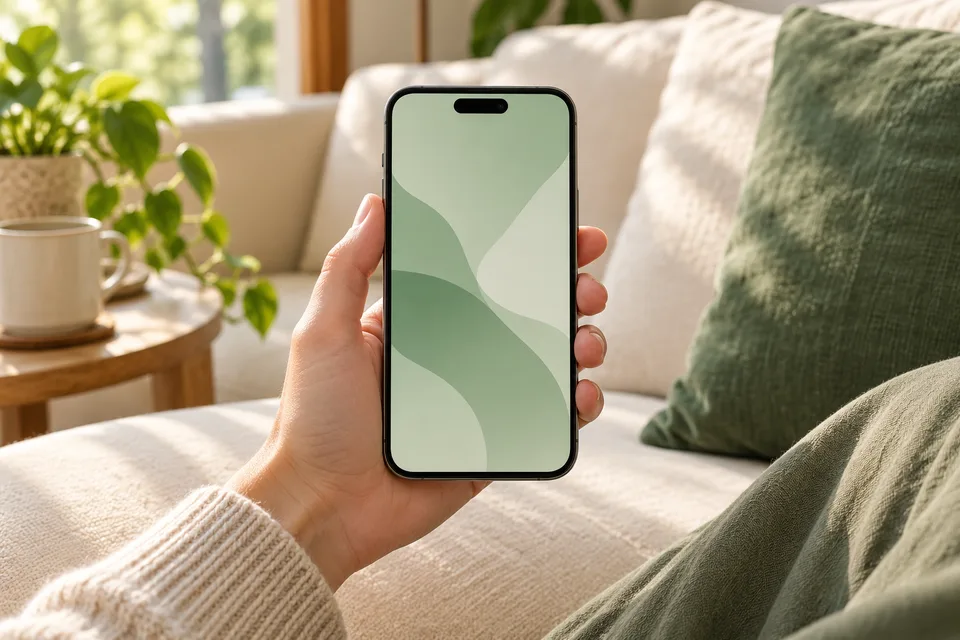 A mobile phone with a soft green screen